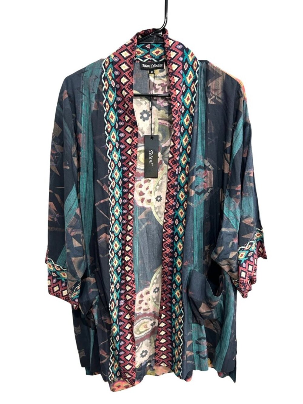 Tolani Collection Womens Sz M Kimono Open Front Jacket Geometric Floral Boho NWT